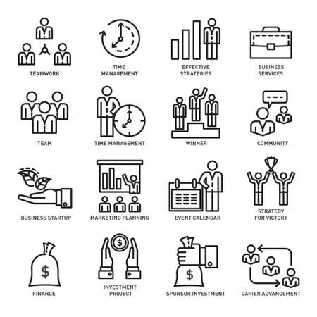 set of black and white icons on the theme of business management in a linear styleのイラスト素材