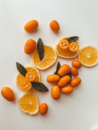 Cut kumquat with lemon on the tableの写真素材