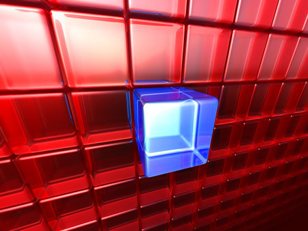 Lot of red rounded glass cubes in perspective as fansy background and one blue cube in front.