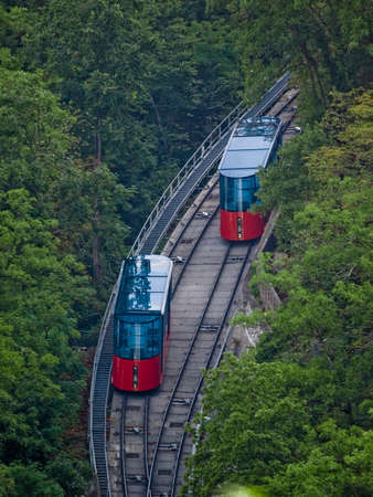 Tourist atraction - vertical cable train to the hill - Graz, Schlossberg hill, Austriaの写真素材