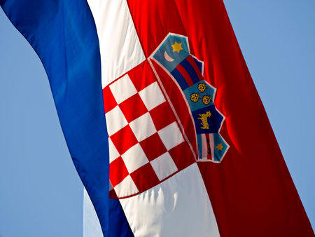 Croatian flag waving on the wind. Close up.