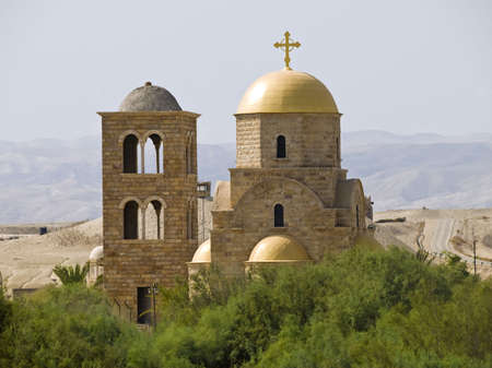 Place where  was baptized in Bethany, Jordan. Church tower and dome with cross.の写真素材