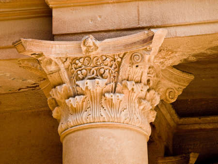 Treasury temple entrance facade detail of Nabatean temple or tomb in UNESCO site Petra (Al Khazneh), Jordan. Siq canyon.の写真素材