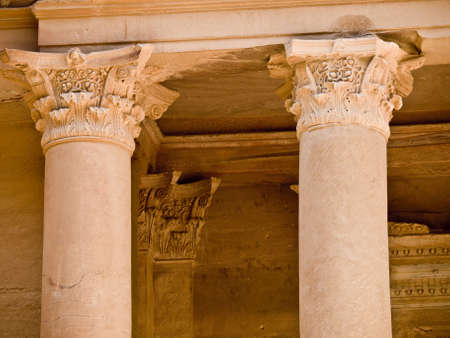 Treasury temple entrance facade detail of Nabatean temple or tomb in UNESCO site Petra (Al Khazneh), Jordan. Siq canyon.の写真素材