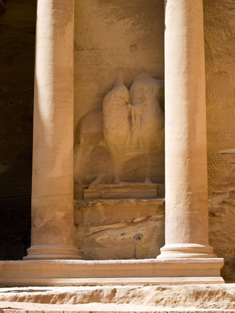 Treasury temple detail with remains of camel sculpture of Nabatean temple or tomb の写真素材