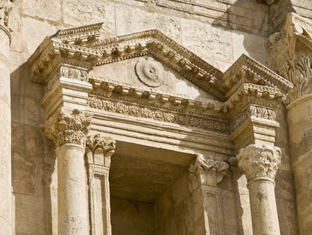 Detail of Hadrian's Arch of Triumph in Jerash, Jordanの写真素材