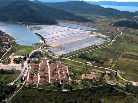 Second longest world walls. Ston small town near Dubrovnik, Croatia landscape in wide shot from top of the hill fortress.の写真素材
