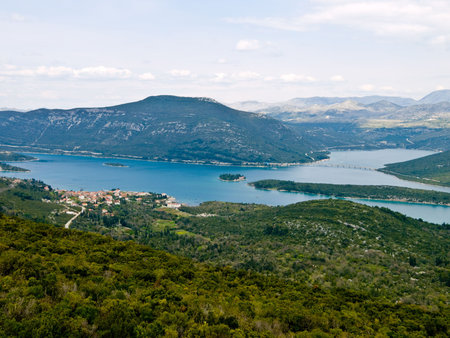 Small village Hodilje on Peljesac paninsula near Dubrovnik, Croatia landscape in wide shot from top...