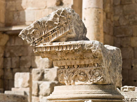 Roman Corinthian column details in the main streed - cardo, in Jerash, Jordanの写真素材