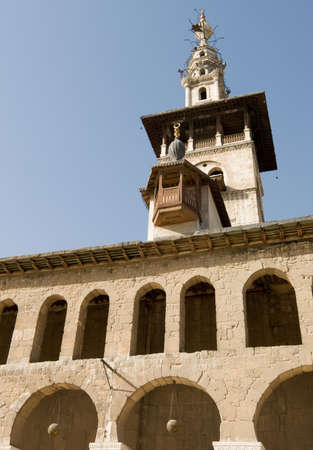 The Umayyad Mosque tower in Damascus, Syria. Roman temple and Byzantine church before the Islamic conquest of the Levant.の写真素材