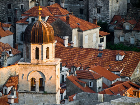 Dubrovnik old city walls details at sunset - city bell tower.の写真素材