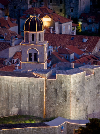 Dubrovnik old city walls details at night - city bell tower.の写真素材