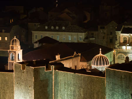 Dubrovnik old city walls details at night with outline lighting.の写真素材