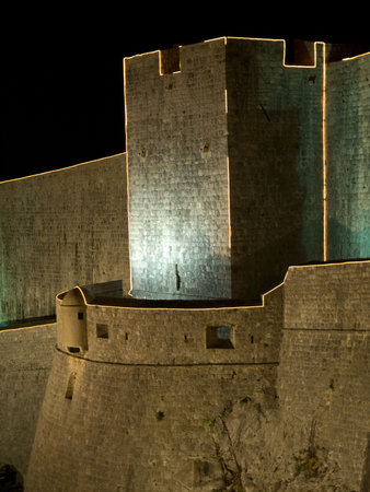 Dubrovnik old city walls details at night with outline lighting.の写真素材