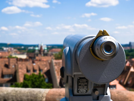 Panorama of Nuremberg (Nürnberg), Germany, Europe. Roofs. Focus on telescope