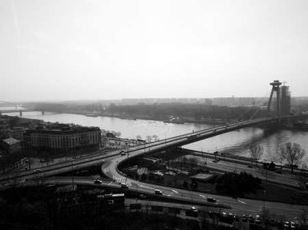 panorama black and white shot of Bratislava, Europe early in the morning. Danube river.の写真素材