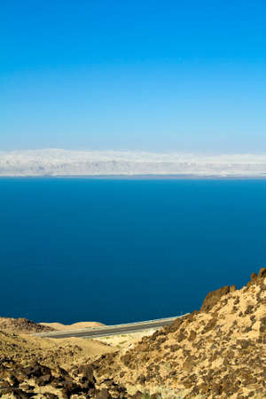 View to the Israel and dead sea from Jordan with part of Jordanian Dead sea highway.の写真素材