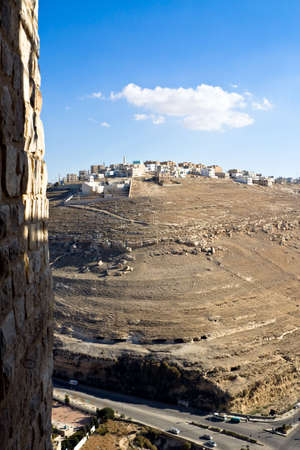 View from top of the crusader castle Kerak (Al karak) to the king's road and near by village. Jordanの写真素材