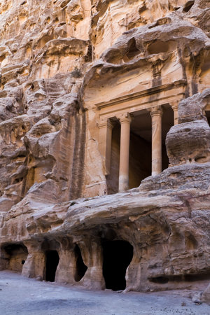 Tombs in Little Petra - Nabataeans capital city (Al Khazneh) , Jordan. Made by digging a holes in the rocks. Roman Empire period.の写真素材