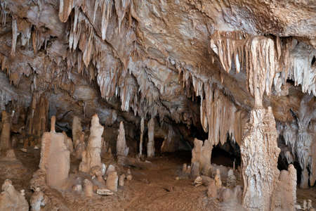 Coatia is full of caves like this one in limestone rocks. This is Inside details with  stalagmites and stalactites . Location: Dubrovnik area. 30sek shot with aprox. 30 flashes fired.の写真素材