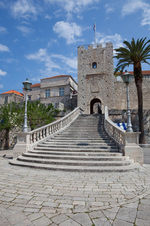 Main entrance in old medieval town Korcula  by night. Croatia, Dalmatia region, Europe.の写真素材