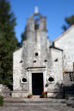 Selective focus shot of an old church. Korcula island, Croatia, Dalmatia region, Europe. Tilt-shift lensesの写真素材
