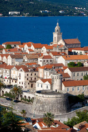 Old medieval town Korcula - panorama detail with chathedral. Croatia, Dalmatia region, Europe.の写真素材