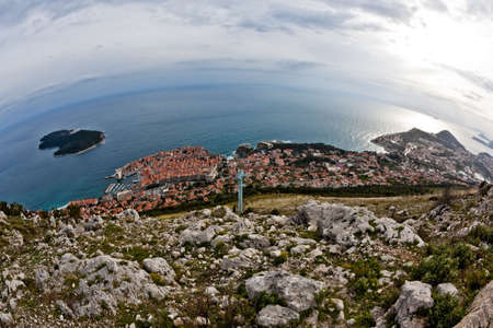 Panorama with Dubrovnik old city defense walls. Location Croatia - Europe. Fish eye lenses shot.の写真素材