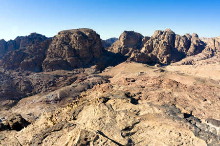 Panorama from High Place in Petra, Jordan. View to the temple Qasr Al-Bint. Nabataeans capital city (Al Khazneh). Made by digging the rocks. Roman Empire period.の写真素材