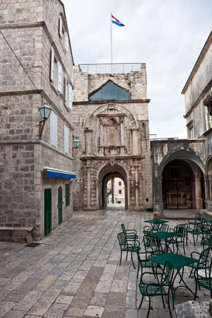 Main entrance in old medieval town Korcula. Croatia, Dalmatia region, Europe.の写真素材