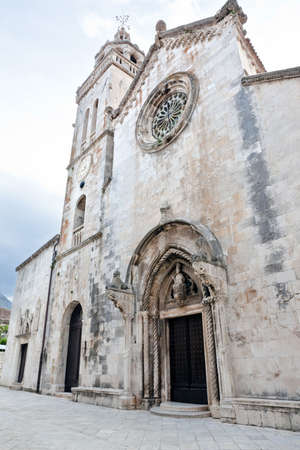 Main square with cathedral in old medieval town Korcula. Croatia, Dalmatia region, Europe.の写真素材