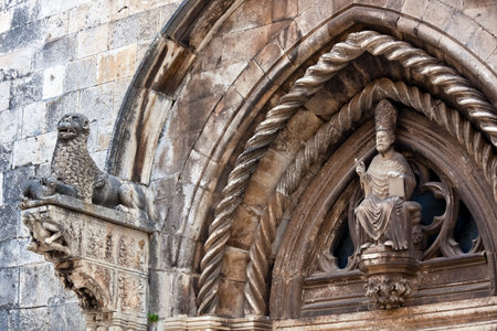 Cathedral sculpture detail in old medieval town Korcula. Croatia, Dalmatia region, Europe.の写真素材