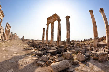 Pompey made Apamea (Apameia) or Afamia (Arabic) part of the Roman Empire in Syria. Cardo maximus street with columns. Roman and Byzantine periodの写真素材