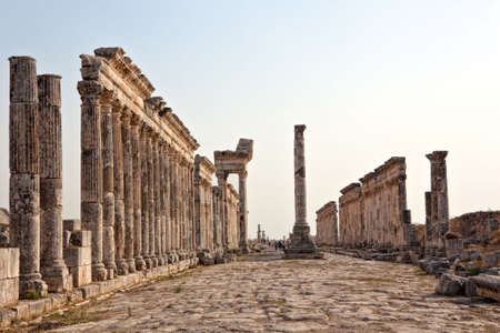 Pompey made Apamea (Apameia) or Afamia (Arabic) part of the Roman Empire in Syria. Cardo maximus street with columns. Roman and Byzantine periodの写真素材