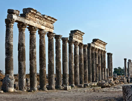 Pompey made Apamea (Apameia) or Afamia (Arabic) part of the Roman Empire in Syria. Cardo maximus street with unique double twisted columns. Roman and Byzantine periodの写真素材