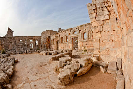 Syria - Qal'a Sim'an. Ruins of the Church of Saint Simeon with remains of his column. Fish eye shot.の写真素材