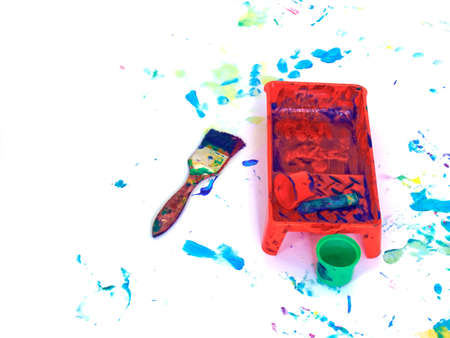 Children hand prints with toys on hand painting playground. On whiteの写真素材