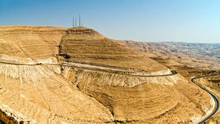 curvy highway with desert landscape in Jordan., Wadi Mujib - King 's road areaの写真素材