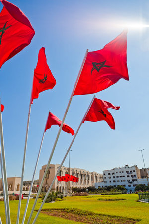 Flags of Morocco waving in the wind.