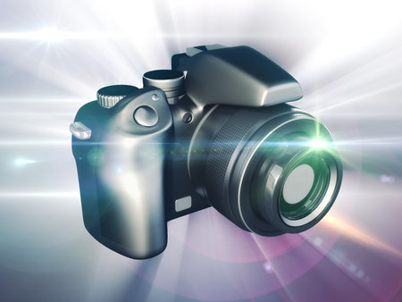 3D illustration of Digital DSLR camera. Composition with lot of lens flares.