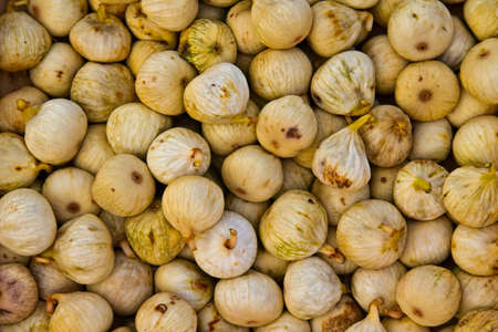 Early stage in preparation of dried figs, typical traditional Mediterranean food.の写真素材