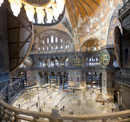 Hagia Sophia indoor shot. It is a former Orthodox patriarchal basilica, later a mosque, and now a museum in Istanbul. Fisheye lens stitched panorama.のeditorial素材