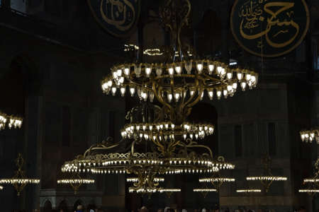 ISTANBUL, TURKEY - SEPTEMBER 29: Hagia Sophia chandelier indoor shot on September 29, 2011 in Istanbul. It is a former Orthodox patriarchal basilica, later a mosque, and now a museum.のeditorial素材