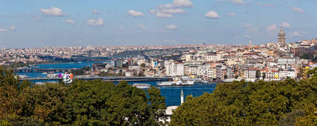 ISTANBUL, TURKEY - SEPTEMBER 29: City panorama with Galata Tower and Galata Bridge shot from Topkapi palace on September 29, 2011 in Istanbul.のeditorial素材