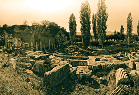 South Agora (town square) detail with Ionic columns in Aphrodisias (Turkey) build during Hellenistic and Roman period. In Roman time it was a small city in Caria.のeditorial素材
