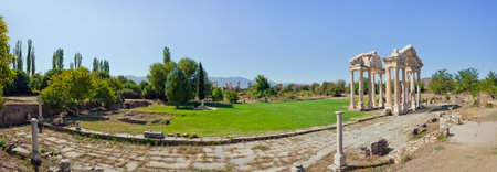 Famous Tetrapylon Gate with a street in Aphrodisias dedicated to Aphrodite built during Hellenic era. In Roman time it was a small city in Caria.のeditorial素材