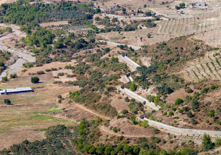 Panorama view from ancient Acropolis of Pergamon or Pergamum to the new water supply near Bergama.のeditorial素材