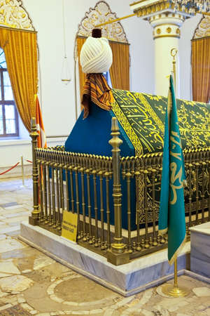 Interior of Orhan Gazi mausoleum in Bursa with The sarcophagus of Sultan Orhan decorated with floral designs and calligraphic inscriptionsのeditorial素材