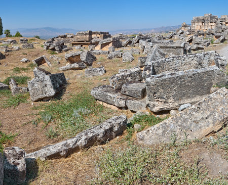 Necropolis detail with many graves in Pamukkale (ancient Hierapolis), Anatolia, Turkye.