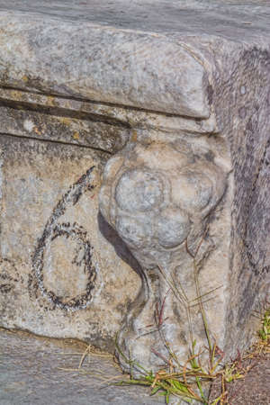 Auditorium seats detail at Theater of Asklepion in Pergamon or Pergamum, Bergama, Turkey.の写真素材